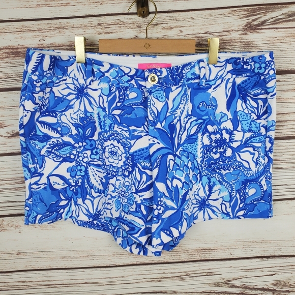 Lilly Pulitzer Womens Sz 12 Callahan Knit Blue Tang Flocking Fabulous 5" Shorts - Picture 2 of 11